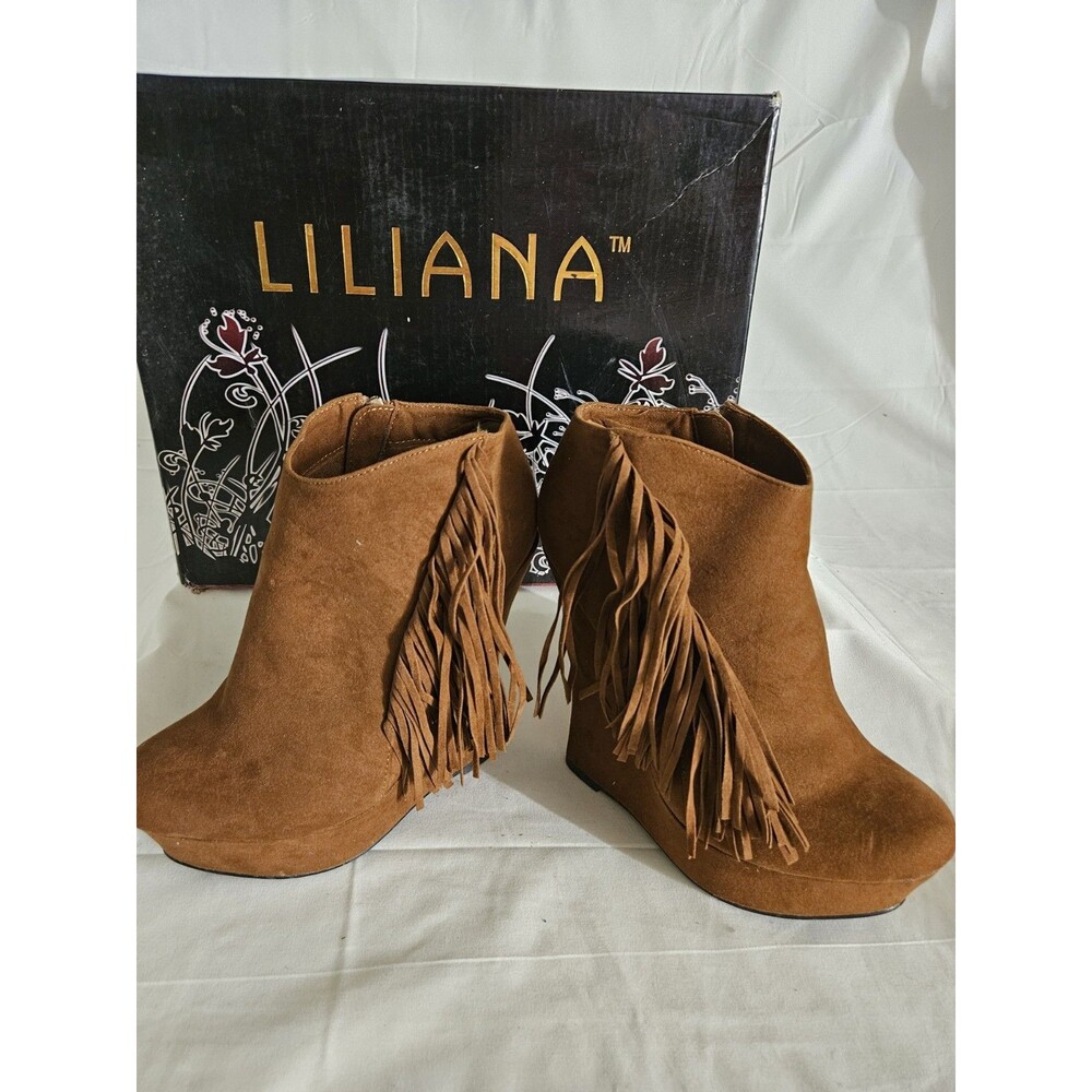 Worn Once Liliana Brown Covnac Fringe Ankle Boots Booties Size 6.5 Faux Suede